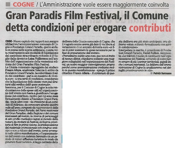 2016-08-27 Gazzetta Matin Gran Paradiso film festival il comune detta condizioni per erogare contributi
