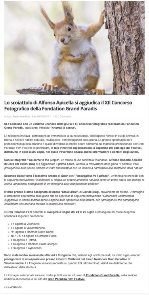 2017-06-24 Aostanews24 Lo scoiattolo di Alfonso Apicella si aggiudica il XII Concorso Fotografico della Fondation Grand Paradis