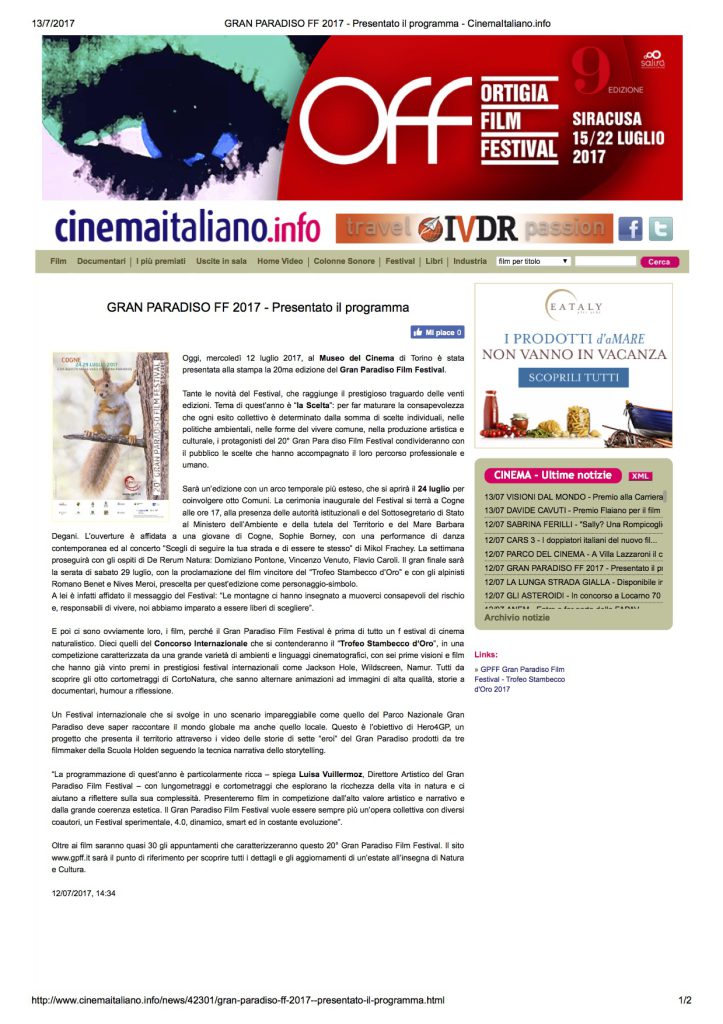 2017-07-12 Cinemaitaliano.info GRAN PARADISO FF 2017 Presentato il programma