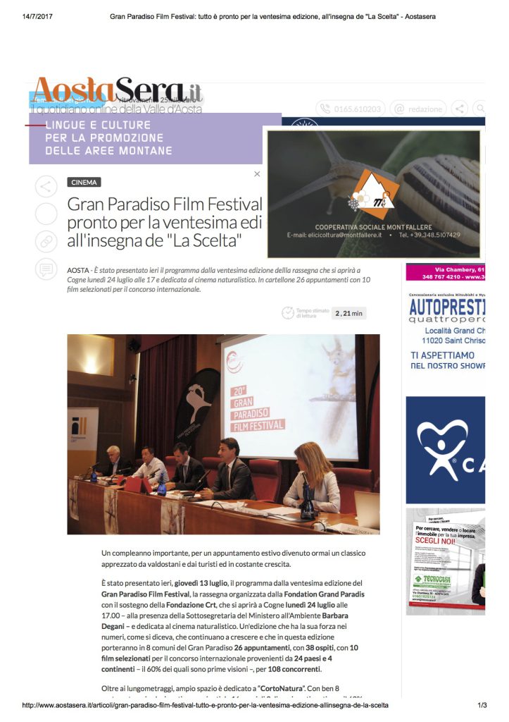 2017-07-14 AostaSera.it Gran Paradiso Film Festival tutto pronto per la ventesima edizione all insegna de La Scelta