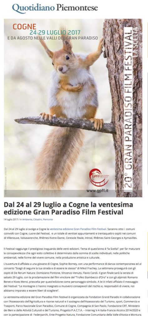 2017-07-14 Quotidiano Piemontese Dal 24 al 29 luglio a Cogne la ventesima edizione Gran Paradiso Film Festival