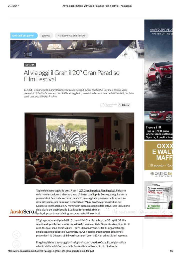 2017-07-24 AostaSera.it Al via oggi il Gran il 20 Gran Paradiso Film Festival