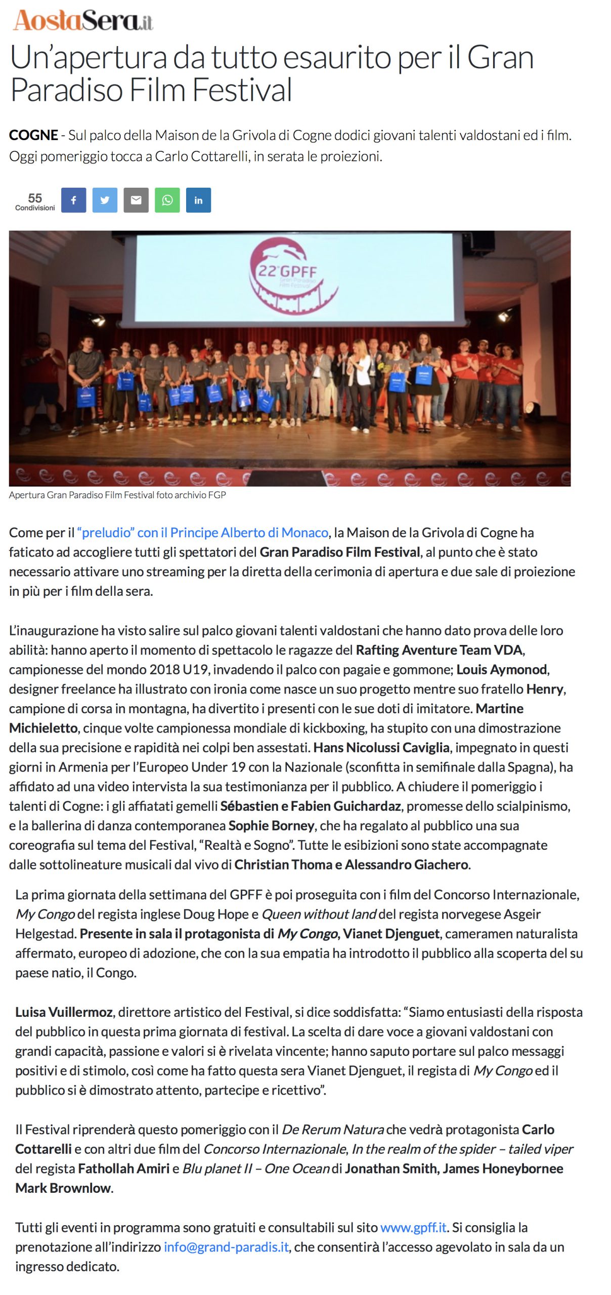 2019-07-22 AostaSera - Un apertura da tutto esaurito per il Gran Paradiso Film Festival