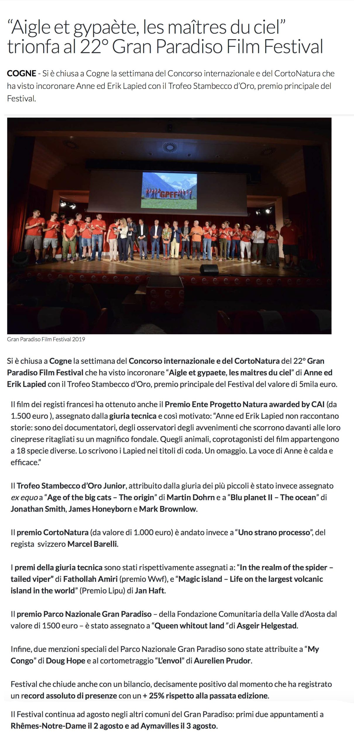 "Aigle et gypaète, les maîtres du ciel" trionfa al 22º Gran Paradiso Film Festival