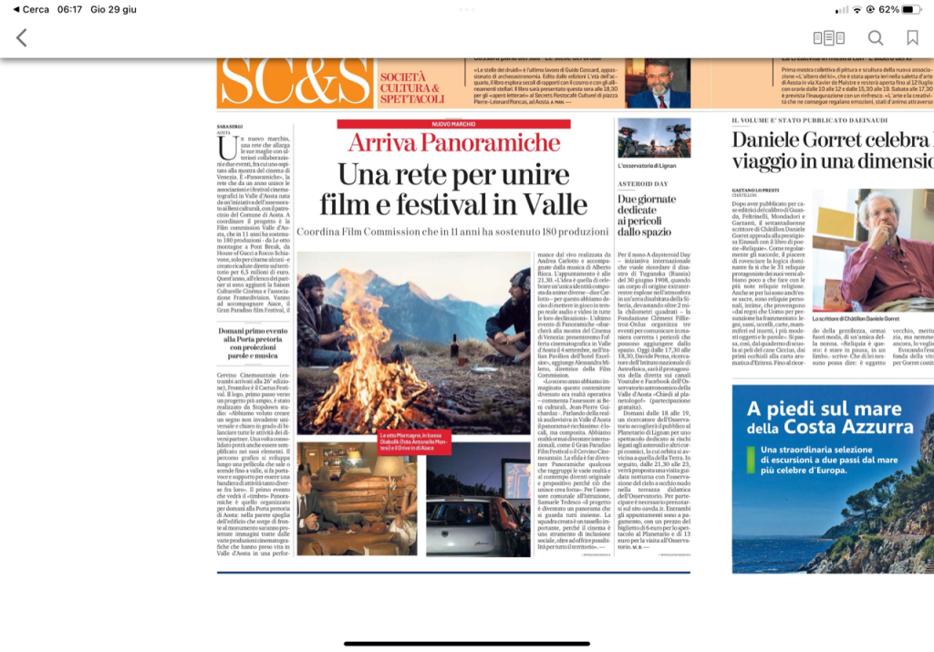 2023-06-29 La Stampa - Arriva Panoramiche. Una rete per unire film e festival in Valle