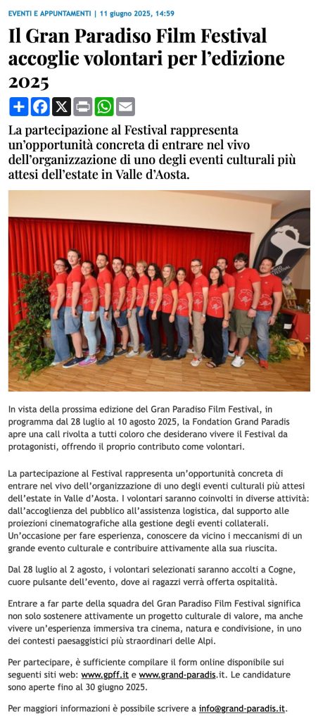 Il Gran Paradiso Film Festival accoglie volontari per l'edizione 2025