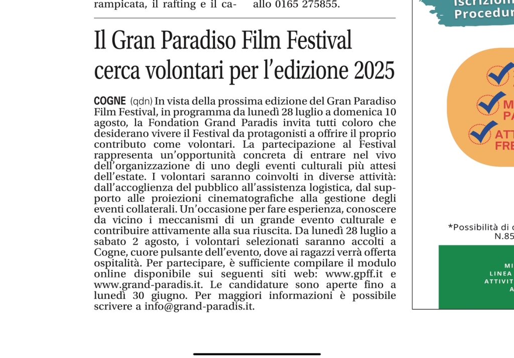 Il Gran Paradiso Film Festival cerca volontari per l'edizione 2025
